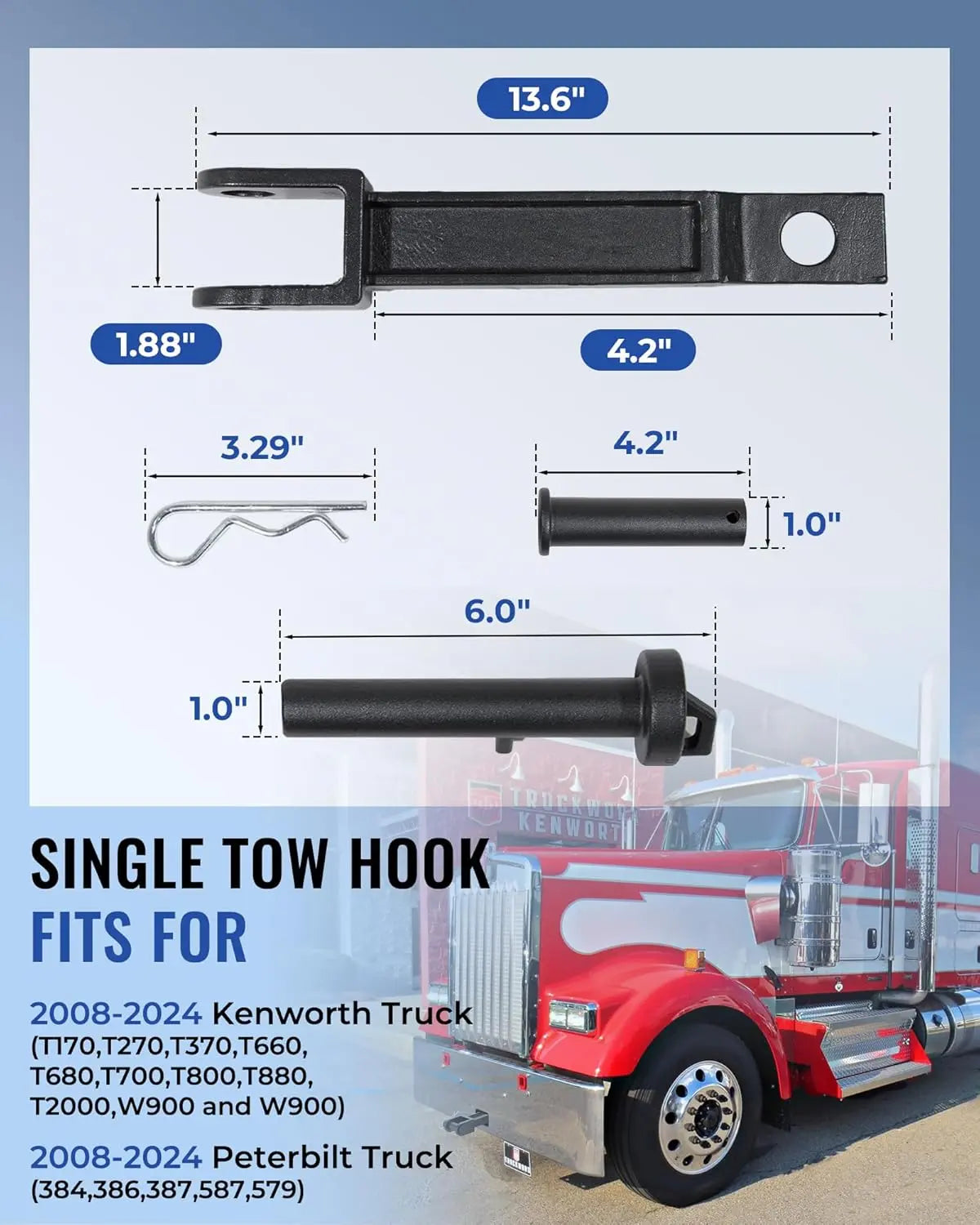 Single Tow Hook (Replacement#A20-6014) with Pull Pin and Frame Pin Fit for 2008-2024 Peterbilt and Kenworth-6